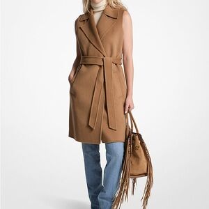 Michael Kors Camel Belted Wool-Blend Sleeveless Coat Vest